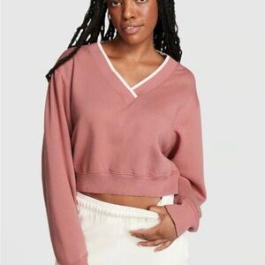 PINK Victoria's Secret Premium Fleece V-Neck Pullover Cropped Size LG Begonia